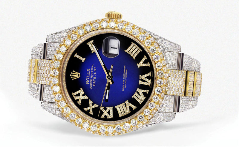 Diamond Iced Out Rolex Datejust 41 | 25 Carats Of Diamonds | Custom Blue Black Roman Numeral Diamond Dial | Two Tone | Two Row | Oyster Band