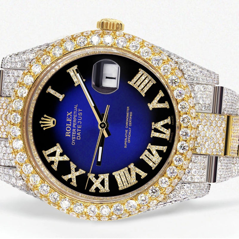 Womens Diamond Iced Out Rolex Datejust 41 | 25 Carats Of Diamonds | Custom Blue Black Roman Numeral Diamond Dial | Two Tone | Two Row | Oyster Band
