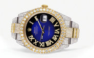 Womens Diamond Iced Out Rolex Datejust 41 | 25 Carats Of Diamonds | Custom Blue Black Roman Numeral Diamond Dial | Two Tone | Two Row | Oyster Band
