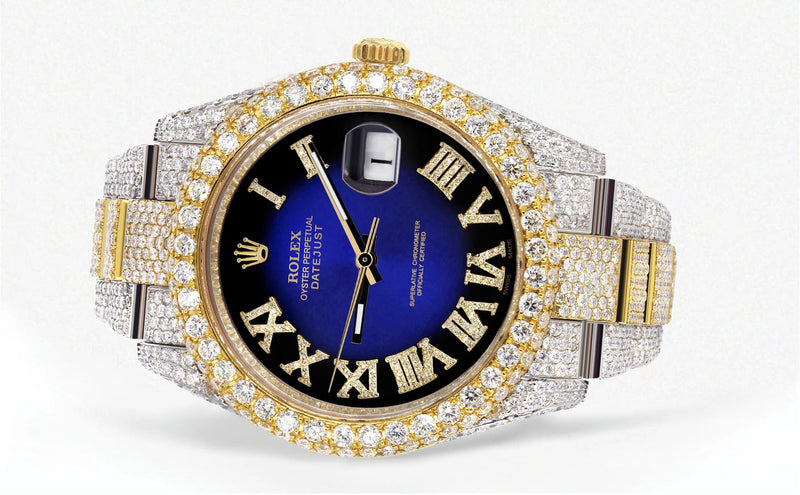 Womens Diamond Iced Out Rolex Datejust 41 | 25 Carats Of Diamonds | Custom Blue Black Roman Numeral Diamond Dial | Two Tone | Two Row | Oyster Band