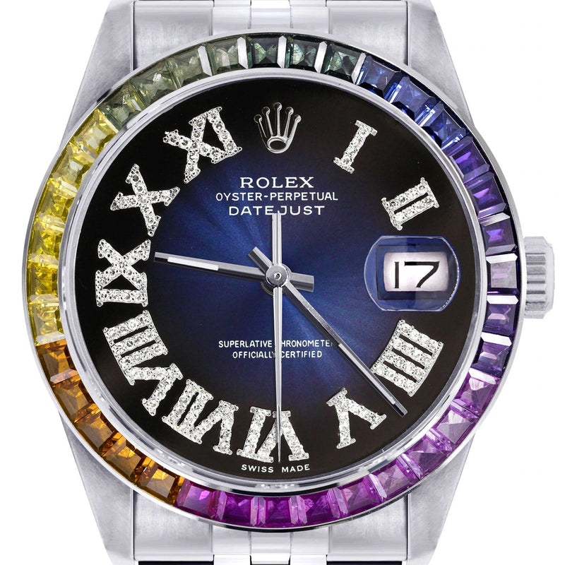 Diamond Gold Rolex Watch For Men 16200 | 36Mm | Rainbow Sapphire Bezel | Blue Black Roman Numeral Dial | Jubilee Band