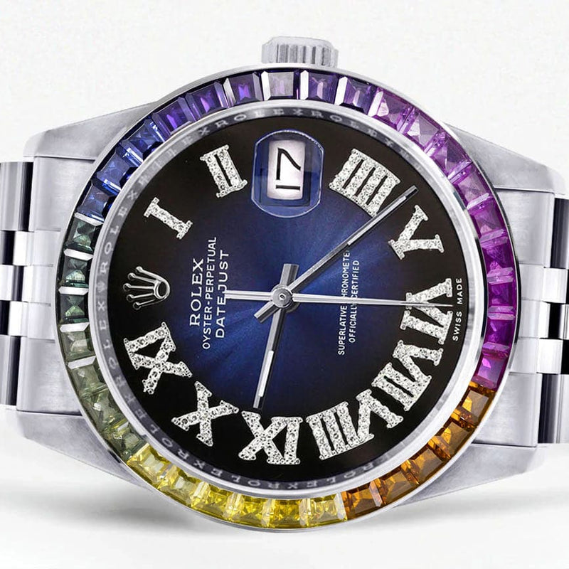 Diamond Gold Rolex Watch For Men 16200 | 36Mm | Rainbow Sapphire Bezel | Blue Black Roman Numeral Dial | Jubilee Band