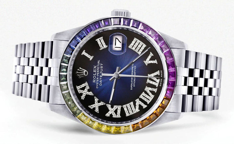 Diamond Gold Rolex Watch For Men 16200 | 36Mm | Rainbow Sapphire Bezel | Blue Black Roman Numeral Dial | Jubilee Band