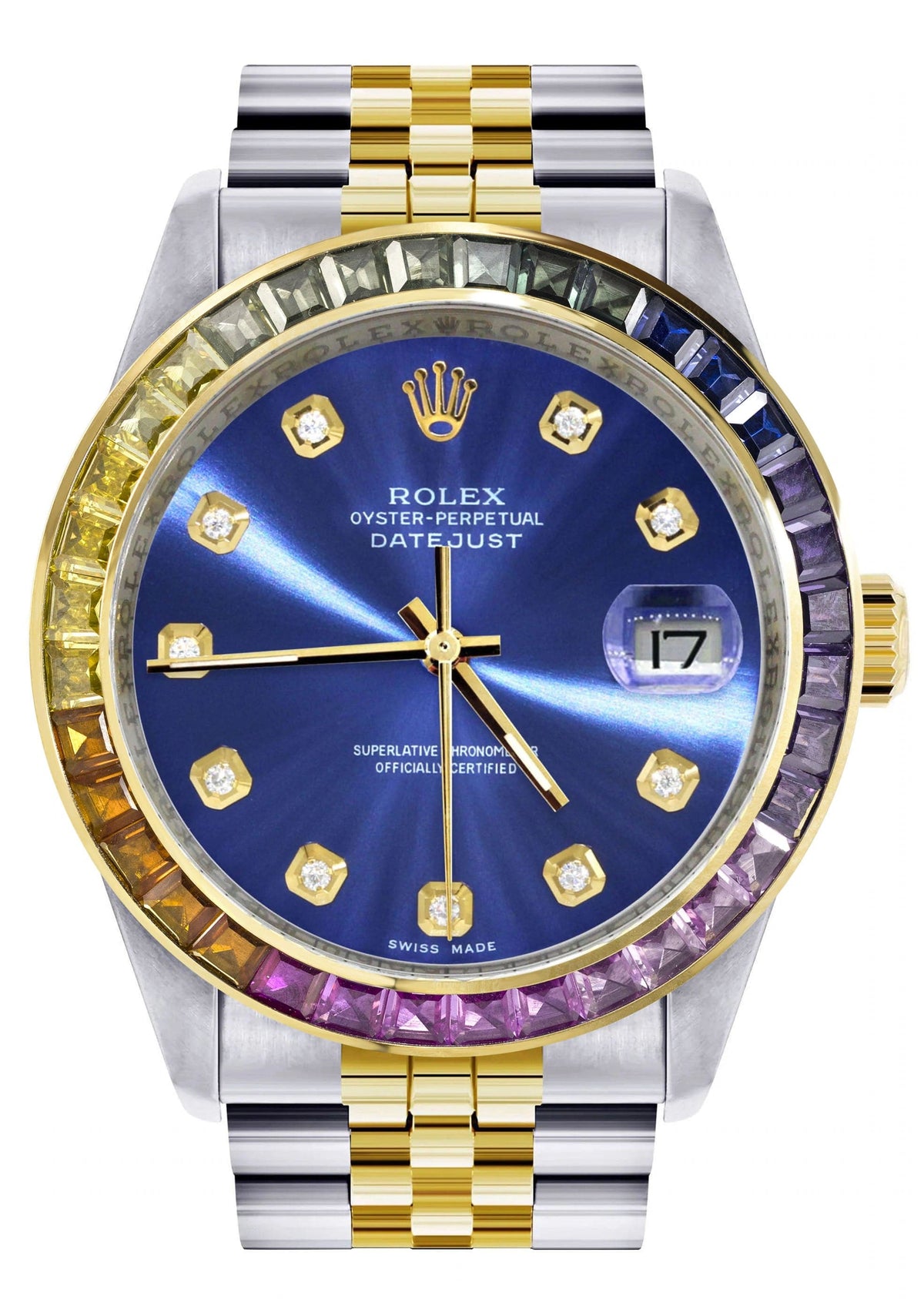 Diamond Gold Rolex Watch For Men 16233 | 36Mm | Rainbow Sapphire Bezel | Blue Dial | Jubilee Band