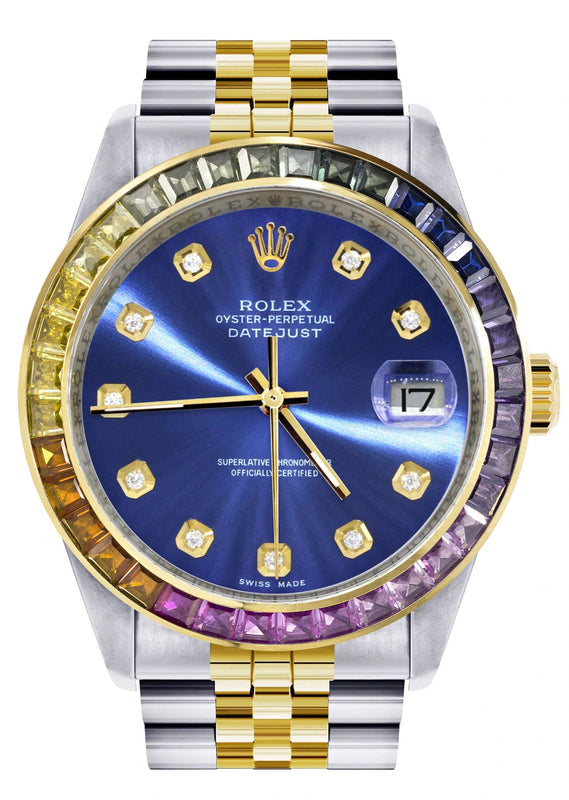 Diamond Gold Rolex Watch For Men 16233 | 36Mm | Rainbow Sapphire Bezel | Blue Dial | Jubilee Band