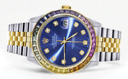 Diamond Gold Rolex Watch For Men 16233 | 36Mm | Rainbow Sapphire Bezel | Blue Dial | Jubilee Band