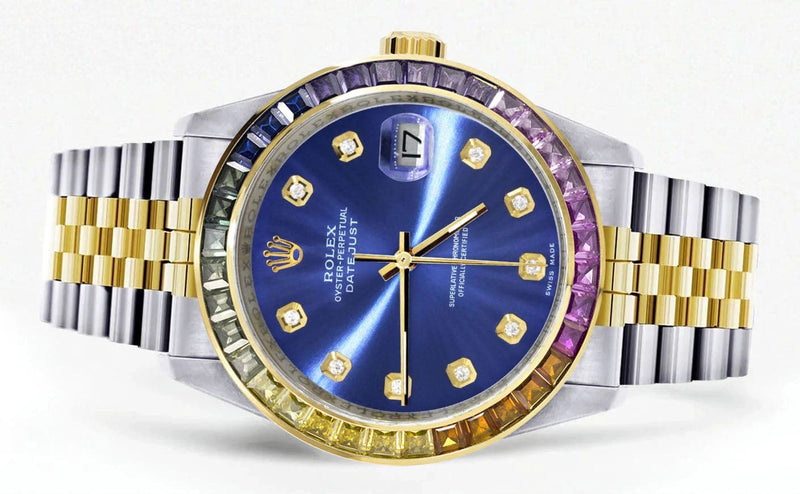 Diamond Gold Rolex Watch For Men 16233 | 36Mm | Rainbow Sapphire Bezel | Blue Dial | Jubilee Band