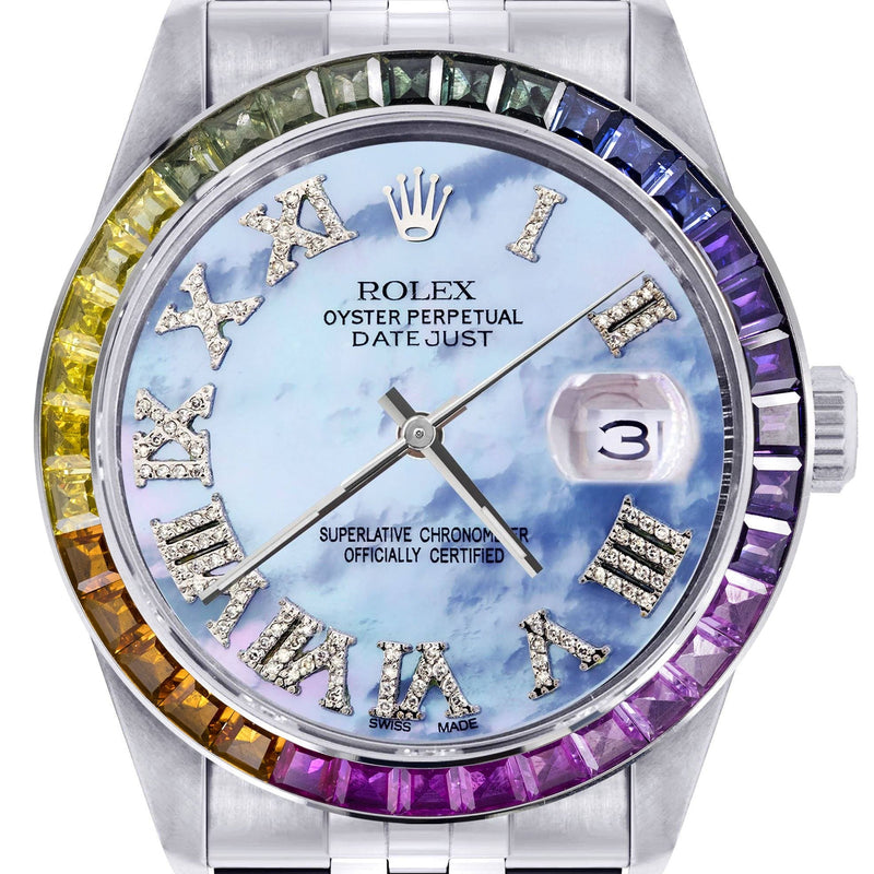 Diamond Gold Rolex Watch For Men 16200 | 36Mm | Rainbow Sapphire Bezel | Mother Of Pearl Roman Numeral Dial | Jubilee Band