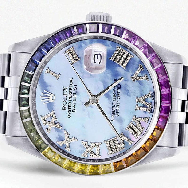 Diamond Gold Rolex Watch For Men 16200 | 36Mm | Rainbow Sapphire Bezel | Mother Of Pearl Roman Numeral Dial | Jubilee Band