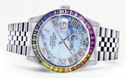 Diamond Gold Rolex Watch For Men 16200 | 36Mm | Rainbow Sapphire Bezel | Mother Of Pearl Roman Numeral Dial | Jubilee Band