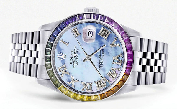 Diamond Gold Rolex Watch For Men 16200 | 36Mm | Rainbow Sapphire Bezel | Mother Of Pearl Roman Numeral Dial | Jubilee Band