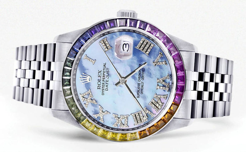 Diamond Gold Rolex Watch For Men 16200 | 36Mm | Rainbow Sapphire Bezel | Mother Of Pearl Roman Numeral Dial | Jubilee Band