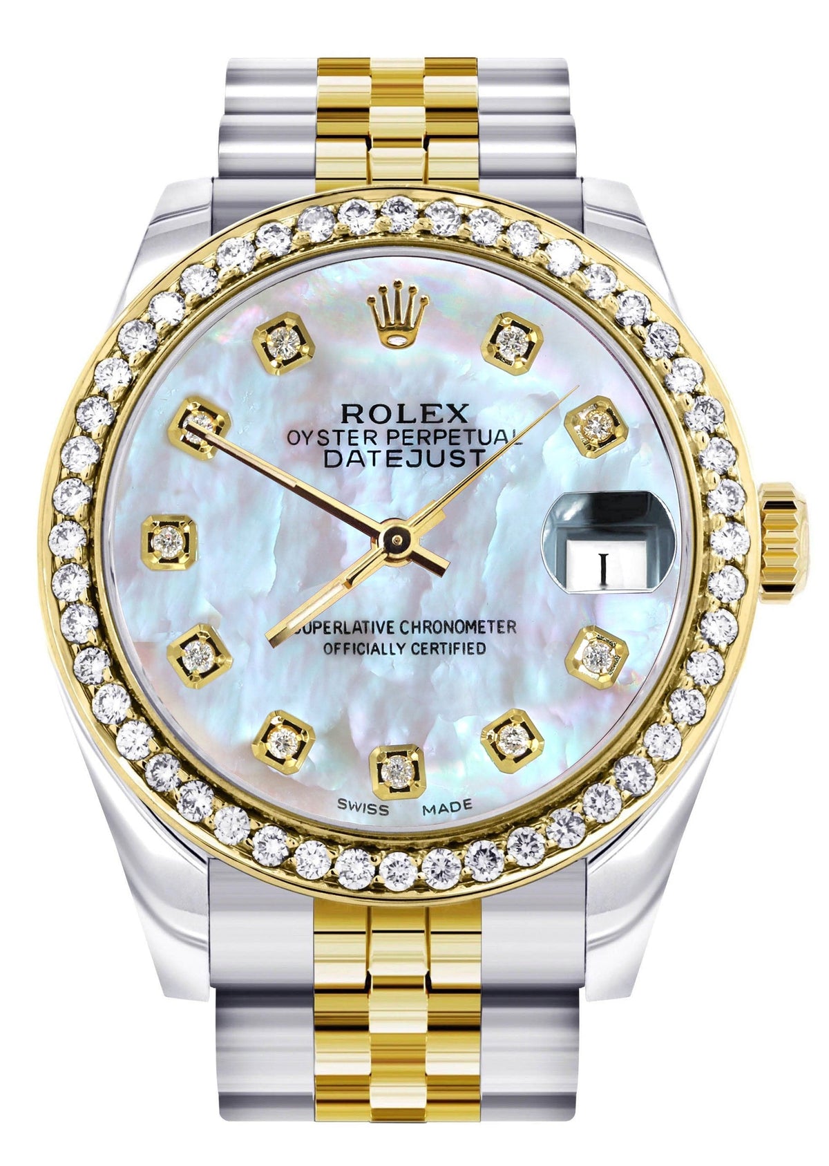 Diamond Gold Rolex Watch | 68273 |Diamond Bezel | 31MM | Mother Of Pearl Dial | Jubilee Band