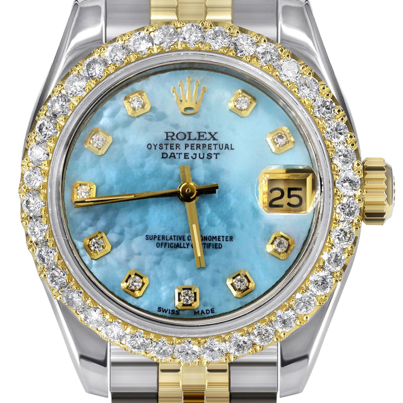 Womens Diamond Gold Hidden Clasp Rolex Watch | 1 Carat Bezel | 26Mm | Aqua Mother of Pearl Dial | Jubilee Band | Model 179173