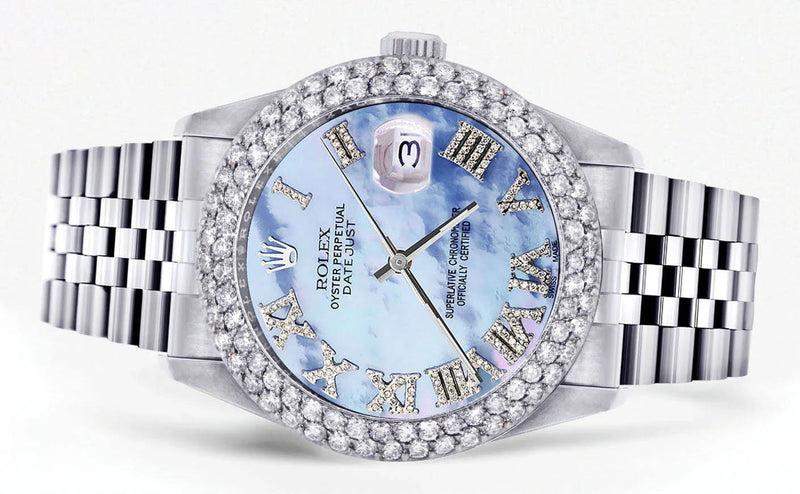 Mens Rolex Datejust Watch 16200 | 36Mm | Mother of Pearl Roman Numeral Dial | Two Row 4.25 Carat Bezel | Jubilee Band