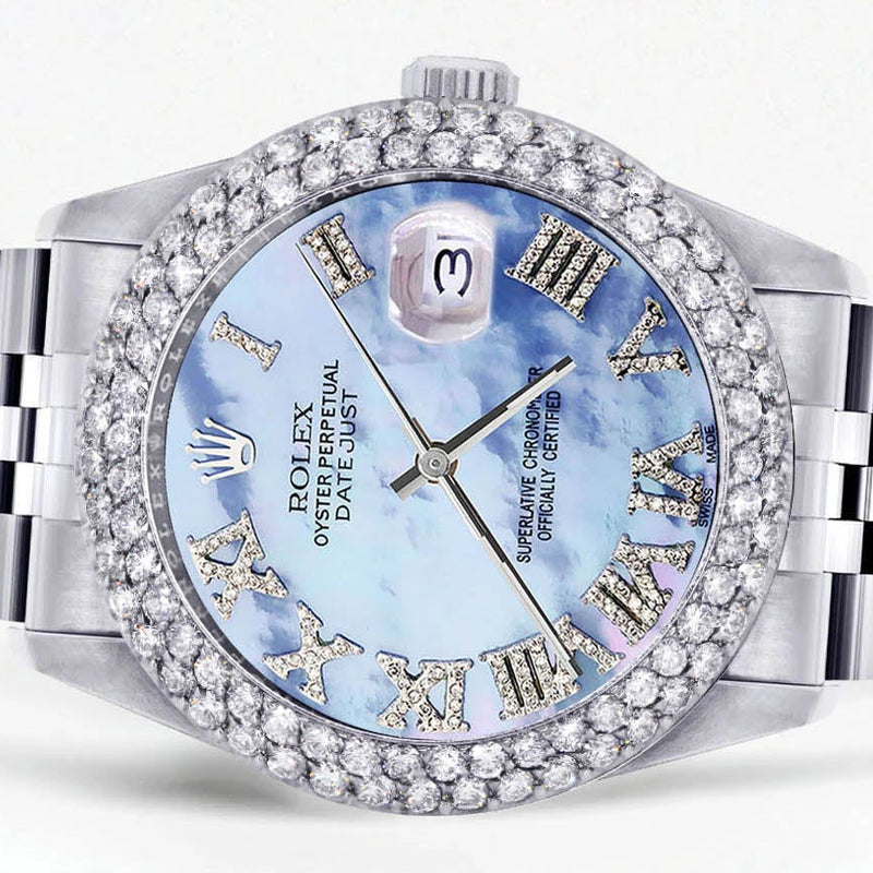 Womens Rolex Datejust Watch 16200 | 36Mm | Mother of Pearl Roman Numeral Dial | Two Row 4.25 Carat Bezel | Jubilee Band
