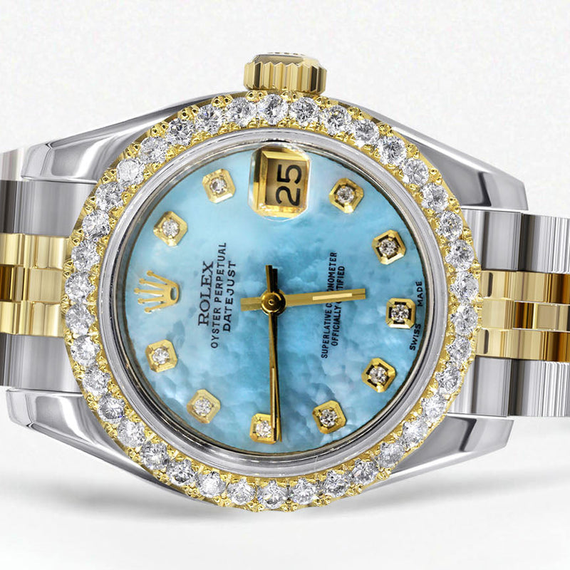Womens Diamond Gold Hidden Clasp Rolex Watch | 1 Carat Bezel | 26Mm | Aqua Mother of Pearl Dial | Jubilee Band | Model 179173