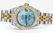 Womens Diamond Gold Hidden Clasp Rolex Watch | 1 Carat Bezel | 26Mm | Aqua Mother of Pearl Dial | Jubilee Band | Model 179173
