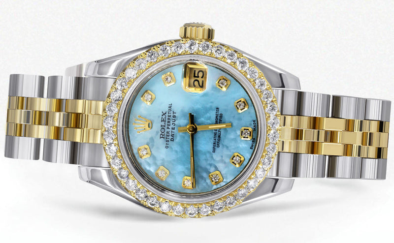 Womens Diamond Gold Hidden Clasp Rolex Watch | 1 Carat Bezel | 26Mm | Aqua Mother of Pearl Dial | Jubilee Band | Model 179173