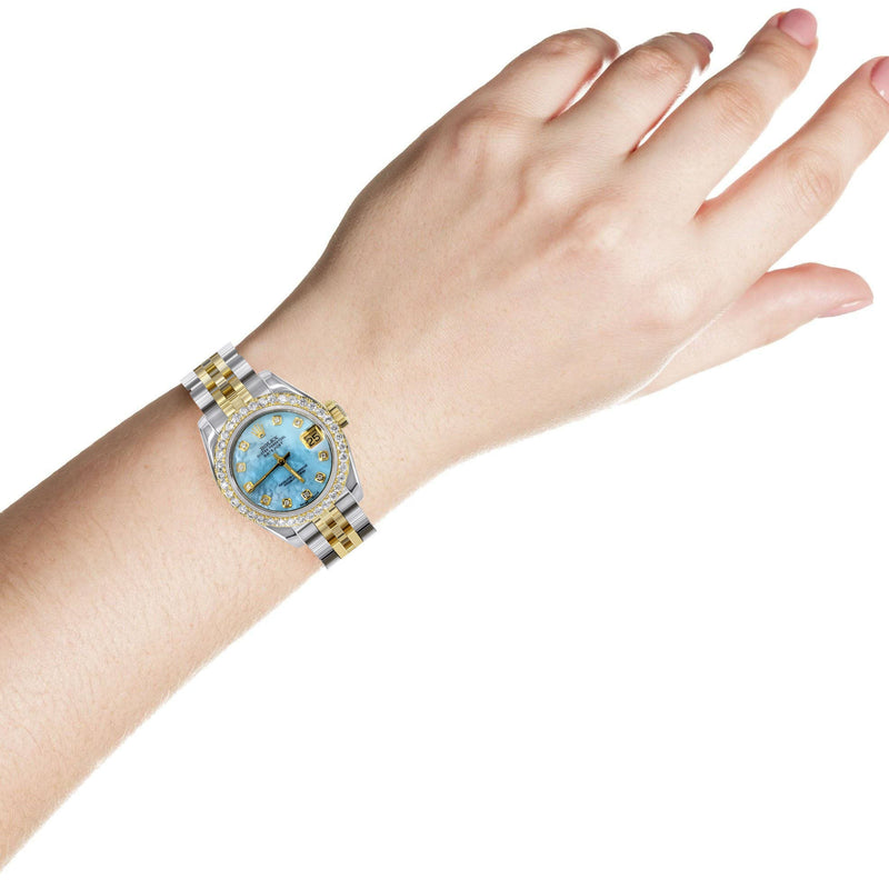 Womens Diamond Gold Hidden Clasp Rolex Watch | 1 Carat Bezel | 26Mm | Aqua Mother of Pearl Dial | Jubilee Band | Model 179173