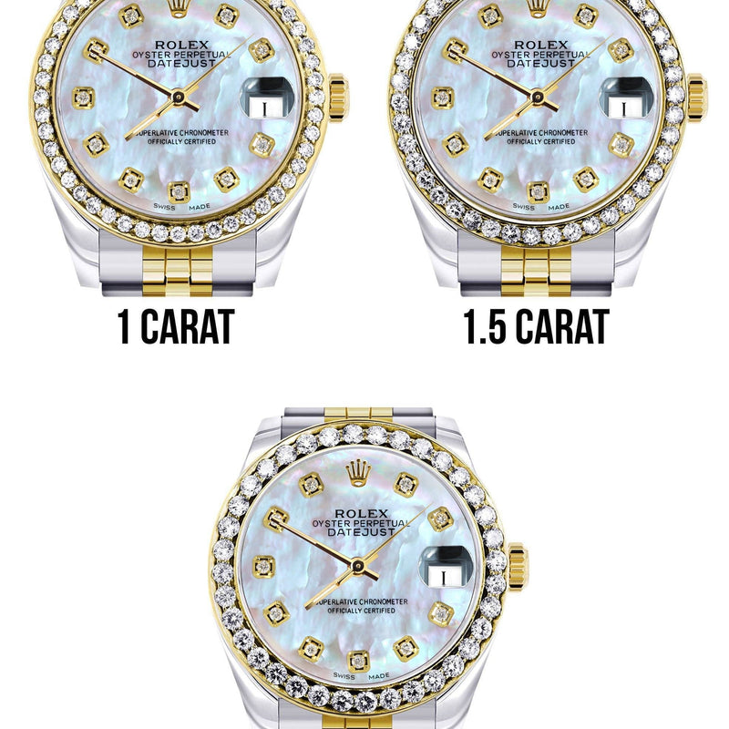 Diamond Gold Rolex Watch | 68273 |Diamond Bezel | 31MM | Mother Of Pearl Dial | Jubilee Band