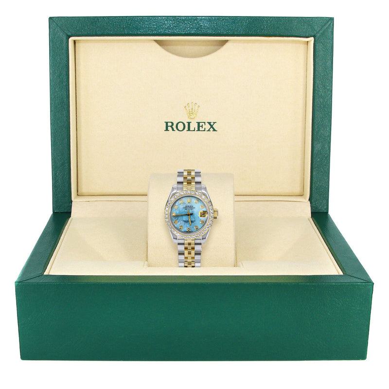 Womens Diamond Gold Hidden Clasp Rolex Watch | 1 Carat Bezel | 26Mm | Aqua Mother of Pearl Dial | Jubilee Band | Model 179173