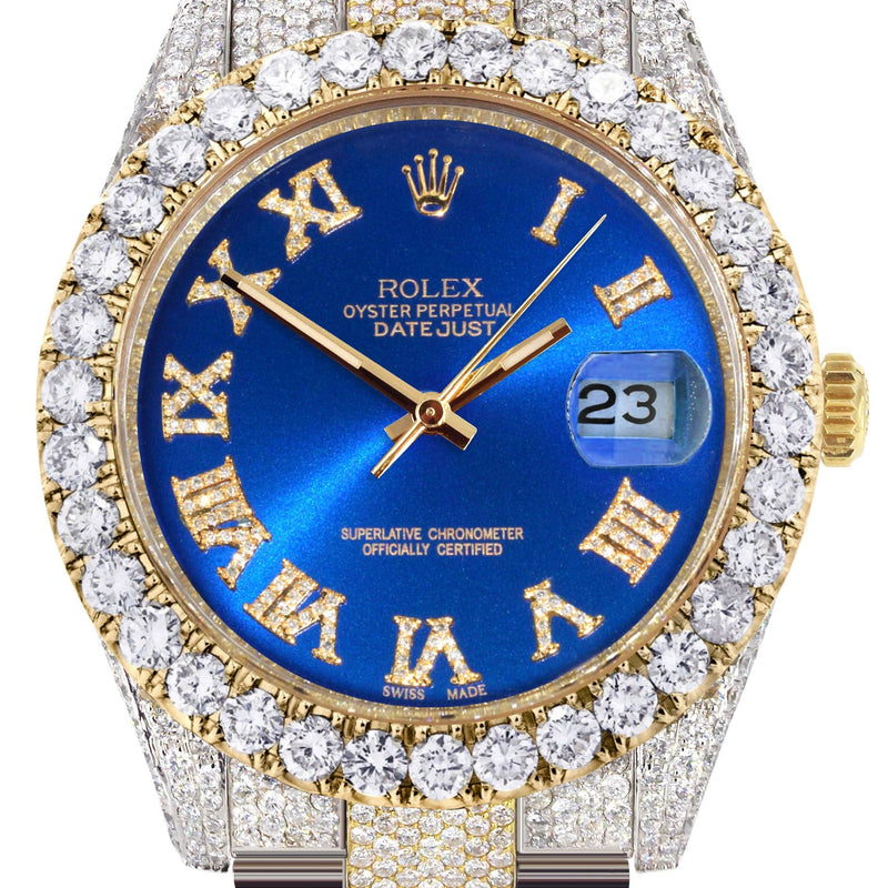 Diamond Iced Out Rolex Datejust 41 | 25 Carats Of Diamonds | Custom Blue Roman Numeral Diamond Dial | Two Tone | Oyster Band