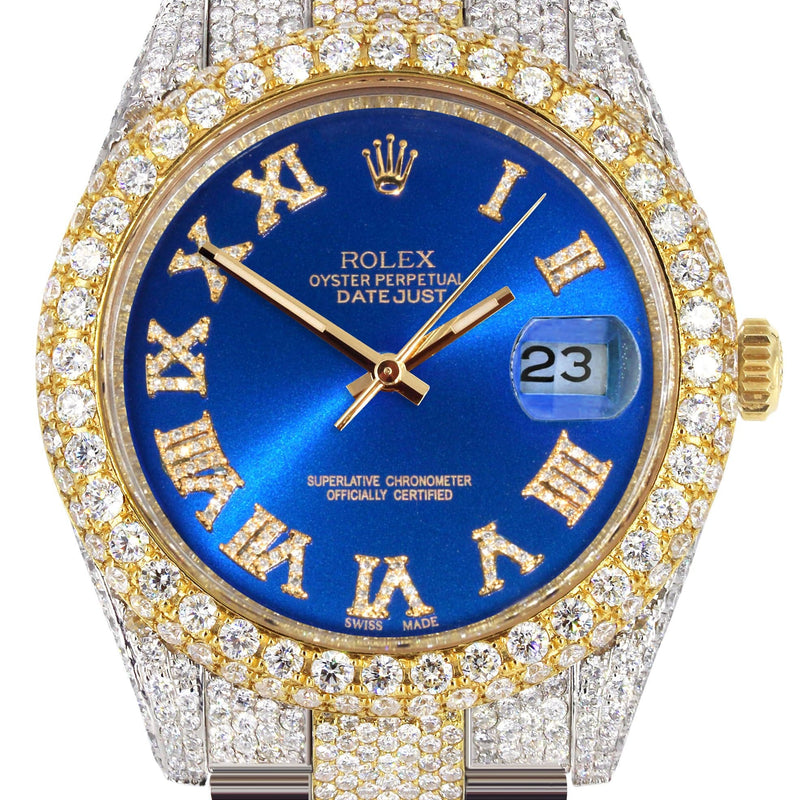 Diamond Iced Out Rolex Datejust 41 | 25 Carats Of Diamonds | Custom Blue Roman Numeral Diamond Dial | Two Tone | Two Row | Oyster Band