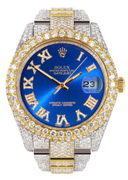 Diamond Iced Out Rolex Datejust 41 | 25 Carats Of Diamonds | Custom Blue Roman Numeral Diamond Dial | Two Tone | Two Row | Oyster Band