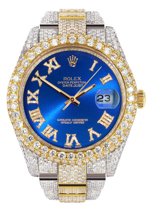 Diamond Iced Out Rolex Datejust 41 | 25 Carats Of Diamonds | Custom Blue Roman Numeral Diamond Dial | Two Tone | Two Row | Oyster Band