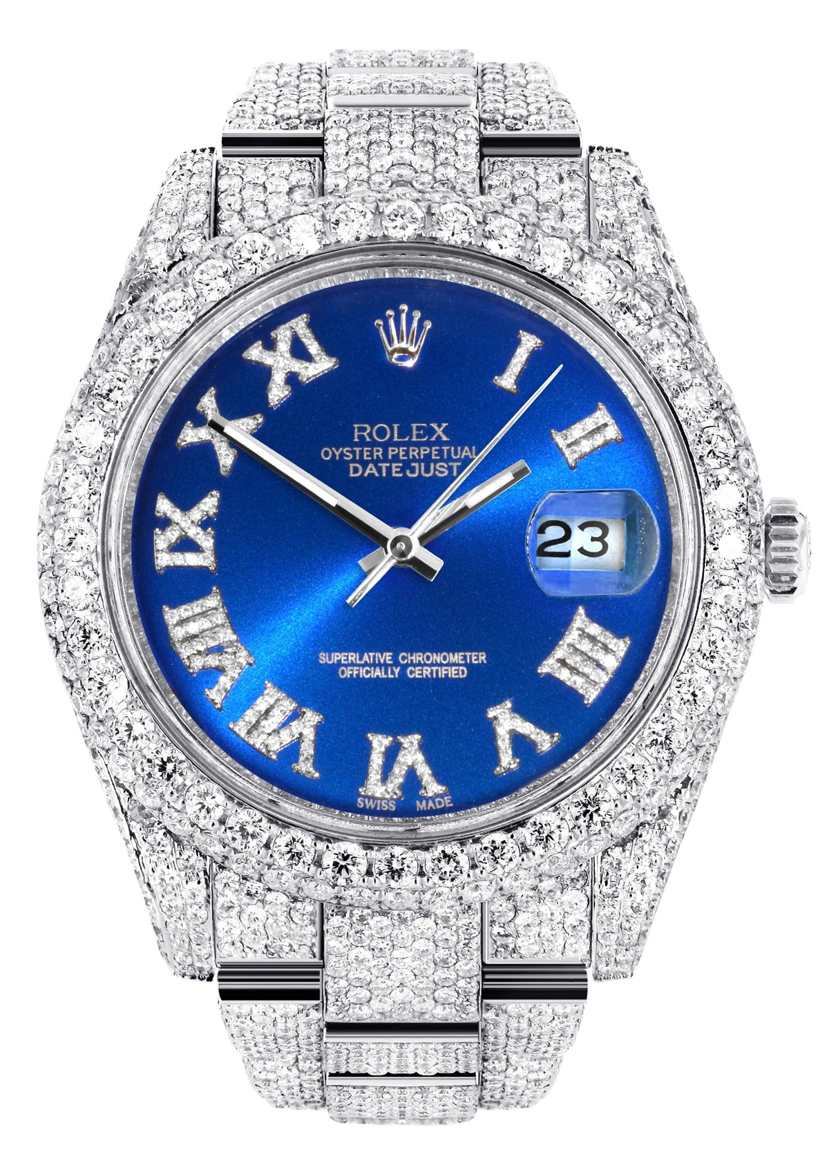 Diamond Iced Out Rolex Datejust 41 | 25 Carats Of Diamonds | Custom Blue Roman Numeral Diamond Dial | Two Row | Oyster Band