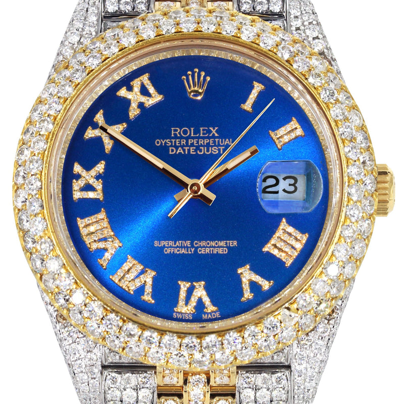 Womens Diamond Iced Out Rolex Datejust 41 | 25 Carats Of Diamonds | Custom Blue Roman Numeral Diamond Dial | Two Tone | Two Row | Jubilee Band