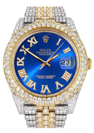 Womens Diamond Iced Out Rolex Datejust 41 | 25 Carats Of Diamonds | Custom Blue Roman Numeral Diamond Dial | Two Tone | Two Row | Jubilee Band