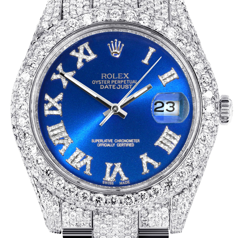 Womens Diamond Iced Out Rolex Datejust 41 | 25 Carats Of Diamonds | Custom Blue Roman Numeral Diamond Dial | Two Row | Oyster Band