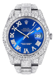 Womens Diamond Iced Out Rolex Datejust 41 | 25 Carats Of Diamonds | Custom Blue Roman Numeral Diamond Dial | Two Row | Oyster Band