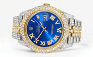 Diamond Iced Out Rolex Datejust 41 | 25 Carats Of Diamonds | Custom Blue Roman Numeral Diamond Dial | Two Tone | Two Row | Jubilee Band