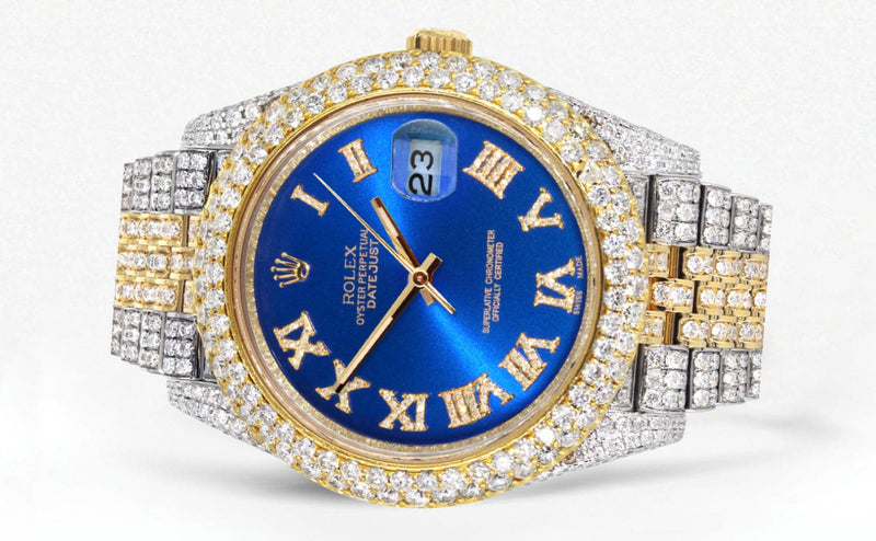 Diamond Iced Out Rolex Datejust 41 | 25 Carats Of Diamonds | Custom Blue Roman Numeral Diamond Dial | Two Tone | Two Row | Jubilee Band
