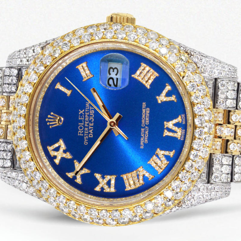 Womens Diamond Iced Out Rolex Datejust 41 | 25 Carats Of Diamonds | Custom Blue Roman Numeral Diamond Dial | Two Tone | Two Row | Jubilee Band