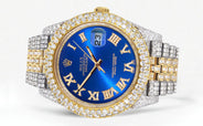 Womens Diamond Iced Out Rolex Datejust 41 | 25 Carats Of Diamonds | Custom Blue Roman Numeral Diamond Dial | Two Tone | Two Row | Jubilee Band