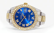 Diamond Iced Out Rolex Datejust 41 | 25 Carats Of Diamonds | Custom Blue Roman Numeral Diamond Dial | Two Tone | Two Row | Oyster Band