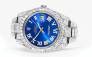 Diamond Iced Out Rolex Datejust 41 | 25 Carats Of Diamonds | Custom Blue Roman Numeral Diamond Dial | Two Row | Oyster Band