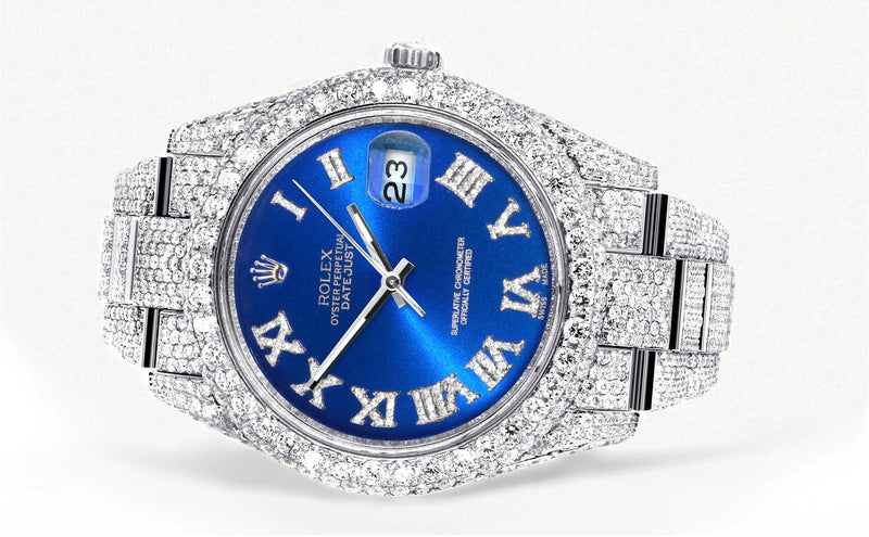 Diamond Iced Out Rolex Datejust 41 | 25 Carats Of Diamonds | Custom Blue Roman Numeral Diamond Dial | Two Row | Oyster Band
