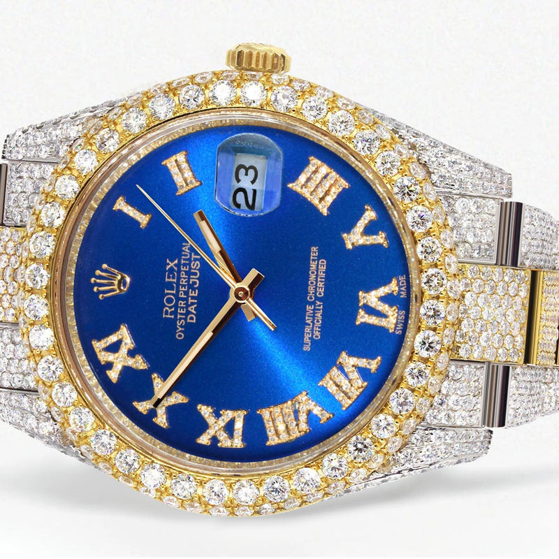 Womens Diamond Iced Out Rolex Datejust 41 | 25 Carats Of Diamonds | Custom Blue Roman Numeral Diamond Dial | Two Tone | Two Row | Oyster Band