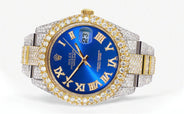 Womens Diamond Iced Out Rolex Datejust 41 | 25 Carats Of Diamonds | Custom Blue Roman Numeral Diamond Dial | Two Tone | Two Row | Oyster Band