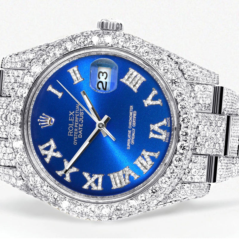 Womens Diamond Iced Out Rolex Datejust 41 | 25 Carats Of Diamonds | Custom Blue Roman Numeral Diamond Dial | Two Row | Oyster Band
