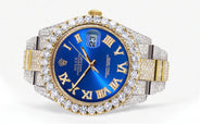 Diamond Iced Out Rolex Datejust 41 | 25 Carats Of Diamonds | Custom Blue Roman Numeral Diamond Dial | Two Tone | Oyster Band