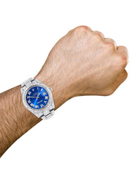 Diamond Iced Out Rolex Datejust 41 | 25 Carats Of Diamonds | Custom Blue Roman Numeral Diamond Dial | Two Row | Oyster Band