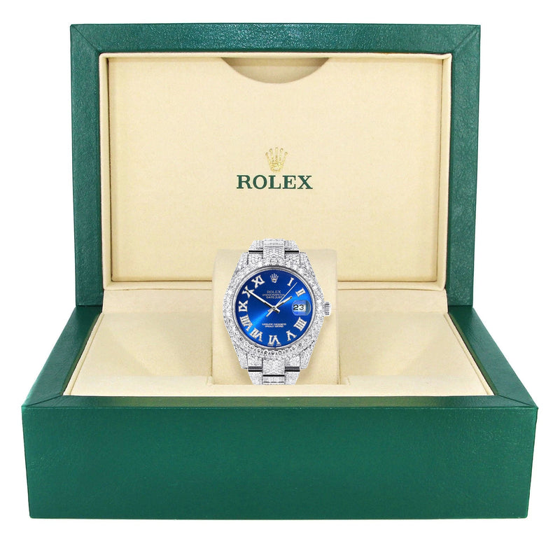 Womens Diamond Iced Out Rolex Datejust 41 | 25 Carats Of Diamonds | Custom Blue Roman Numeral Diamond Dial | Two Row | Oyster Band