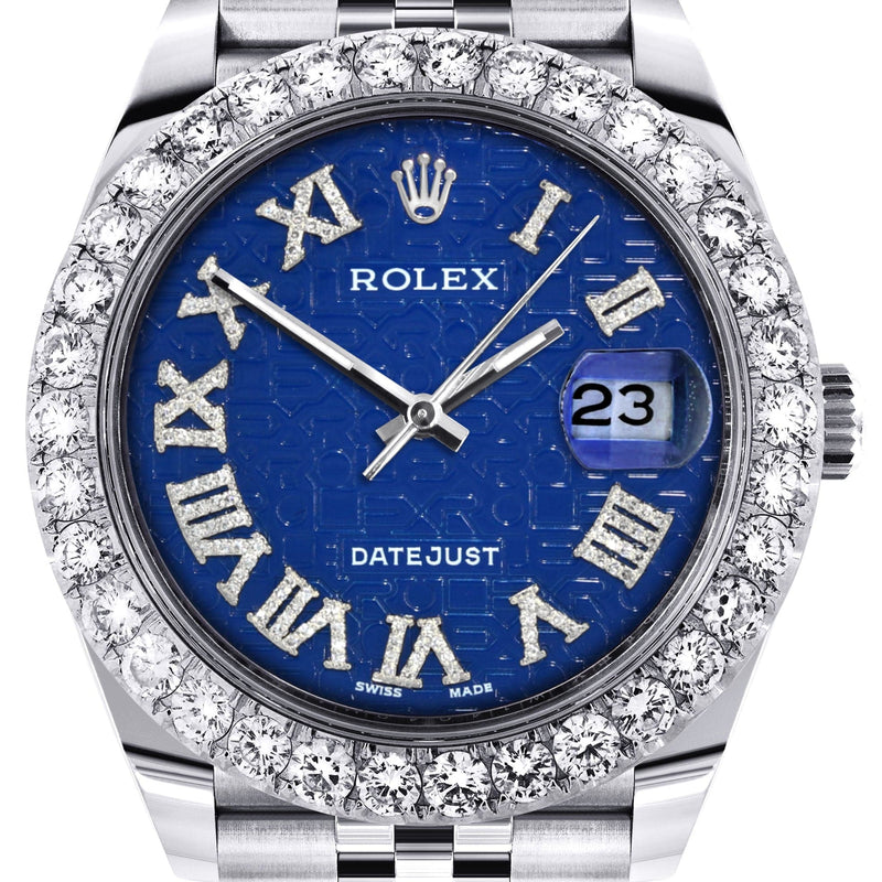 Rolex Datejust 41 Watch | 41 MM | Custom Blue Texture Roman Diamond Dial | Jubilee Band