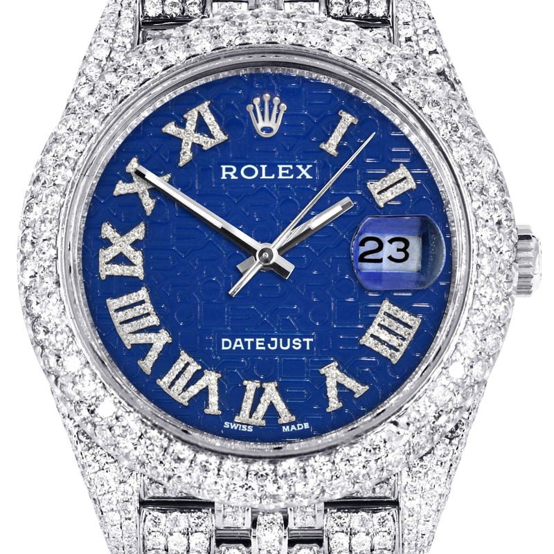 Diamond Iced Out Rolex Datejust 41 | 25 Carats Of Diamonds | Custom Blue Text Pattern Dial | Two Row | Jubilee Band